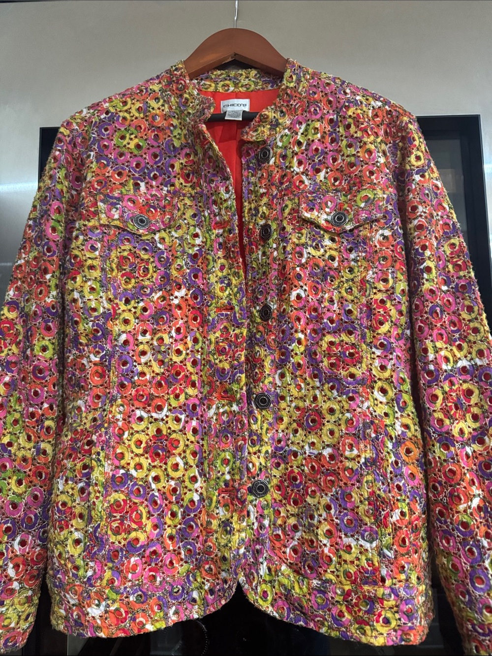 Chico’s Embroidered Multicolor Jacket Boho Art to Wear Cotton Size 3 - Picture 5 of 6